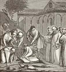 St. Benedikt og djevelen. Da Benedikt bygde et kapell, satt djevelen på en stein, og ingen kunne flytte ham før St. Benedikt velsignet steinen. Så flyktet djevelen.
