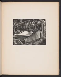 Dark Lake, illustrasjon fra «Places». 7 trykk reprodusert fra treblokker designet og gravert av Paul Nash, med illustrasjoner i prosa. London, William Heinemann, forsatspapir.