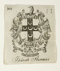 Bokskilt for Isaiah Thomas (1749-1831), ca. 1765-1770 (gravering på lagt papir)