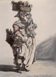 En selger av grønne grønnsaker i London som bærer et barn, 1759
