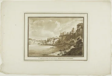 Chepstow Castle i Monmouth Shire, fra Twelve Views in Aquatinta fra tegninger tatt på stedet i Sør-Wales