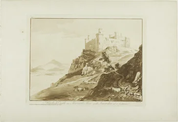 Harlech Castle i Merioneth Shire med Snowdon på avstand