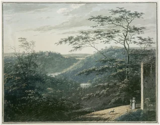 Landskap med foss og tempel