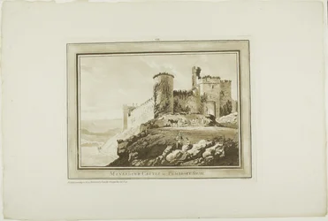 Manerbawr Castle i Pembroke Shire, fra Twelve Views in Aquatinta fra tegninger tatt på stedet i Sør-Wales