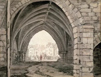 En del av Holyrood Abbey med utsikt over Canongate (penn og blekk med vask)