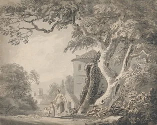 Romantisk landskap med figurer og en hund