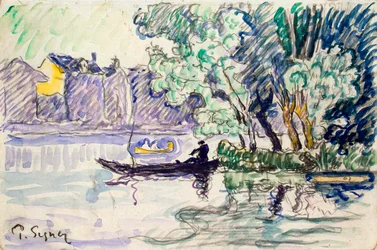 Fisker i en båt nær Seinebredden, ca 1900