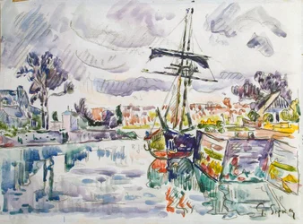 Seilbåt ved en brygge, 1920-tallet.