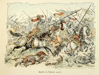 Illustrasjon hentet fra boken "Histoire du chevalier Bayard" av Theodore Cahu, illustrert av Paul De Semant (1855-1915): Slaget ved Fornoua 1495