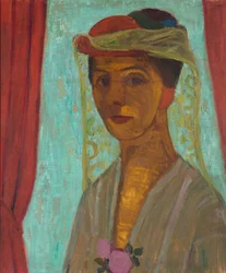 ""Selvportrett med hatt og slør"" (Selvportrett med hatt og slør) Maleri av Paula Modersohn-Becker (1876-1907) - 1906-1907 - Olje på papp Dim 89,6x79,8 cm Gemeentemuseum Den Haag (The Haag ) Nederland