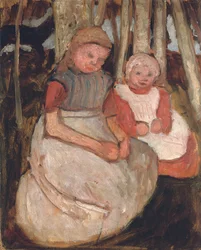 To sittende jenter før bjørkestammer; To sittende jenter foran bjørkestammer, 1904