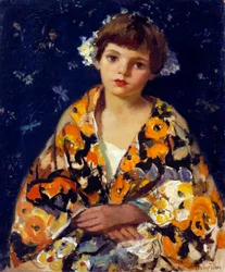 «En jente i kimono.» Innflytelse fra Japan i det fjerne østen på europeisk impresjonistisk maleri. Maleri av Pauline Palmer (1867–1938). Olje på tre. Mål: 60,7 x 50,5 cm. Privat samling.