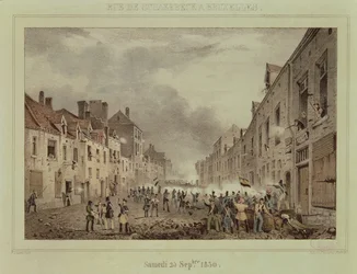 Kamper i Rue Schaerbeck, Brussel, søndag 25. september 1830, gravert av Dewasme-Pletinckx