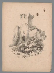 Utsikt over et ødelagt tårn med port Landscape Studies av Paulus Lauters (serietittel) Nouvelle suite de 40 études de paysages av P. Lauters (serietittel)