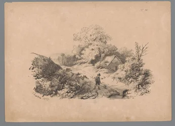 Landskap med mann og hund på landevei Landscape Studies av Paulus Lauters (serietittel) Nouvelle suite de 40 études de paysages av P. Lauters (serietittel)