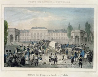 Porte de Louvain, Brussel: The Retreat of the Dutch Troops, 27. september 1830, gravert av Dewasme-Pletinckx