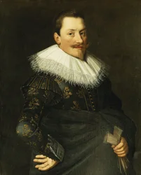 Portrett av en gentleman, stående i halv lengde, iført et blått kostyme med gullbroderi og en hvit blondekrage,