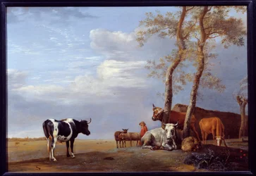 Landskap med bonde og dyr. Maleri av Paul Potter (1625-1654) Ec. Hol.