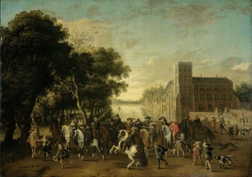 Prins Maurits, ledsaget av prins Frederik Hendrik, Fredrik V av Böhmen og hans kone Elizabeth Stuart, og andre, på Buitenhof, Haag