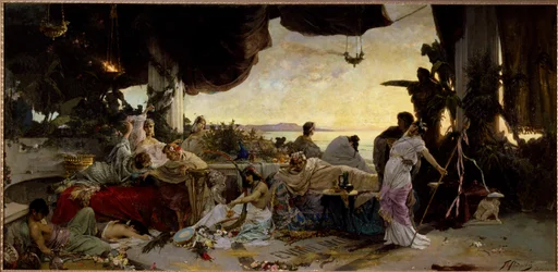 «Det romerske orgiet». Scene med utskeielser i antikkens Roma - 1883, mål 136 x 279 cm, Russlands statlige friluftsmuseum for historie og arkitektur, Novgorod-kremlen, Novgorod