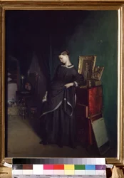 ""Den unge enken"" Bak henne, portrettet av hennes avdøde ektemann. Maleri av Pavel Andreevich Fedotov (1815-1852) Circa 1850 State Tretyakov Gallery, Moskva