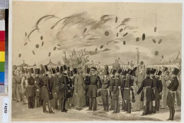 Le grand duc Michel Pavlovitch (1798-1849) visite le camp du regiment finlandais de la garde imperiale (ou Regiment de la Garde Finliandski), le 8 juillet 1837. (Grand Duke Mikhail Pavlovich Visiting the Camp of the Life Guard Finland Regiment on July 8   