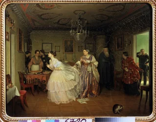 Majors forlovelse (majors forlovelse). Beskrivelse av en stue, dekorasjon, servise og 1800-tallsmøbler, En eldre kvinne kunngjør majorens ankomst, bruden slipper det hvite blondetørkleet sitt og snur seg glad bort, tilbakeholdt av