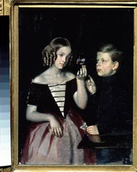 ""Portrett av de to Gerbin-barna som vurderer en sommerfugl"" Maleri av Pavel Fedotov (1815-1852) Circa 1851 State Russian Museum, Saint Petersburg