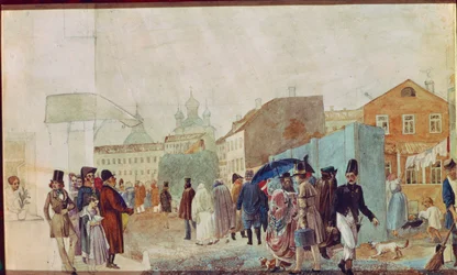 Gatebilde i regnet i Moskva. Verk av Pavel Andreyevich Fedotov (1815-1852), akvarell på papir
