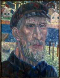 Medlem av en kolkhoz. (Medlem av Kolkhoz). Portrett av en bonde i USSR, i perioden med kollektiviseringspolitikk, ledet av regjeringen til Joseph Stalin (Stalin) (Joseph Vissarionovich Djougachvili dit) (1879-1953), fra 1928 til 1940. Maleri