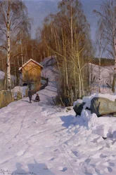 Vinterlandskap med barn på kjelke