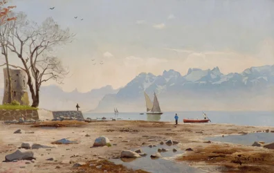 Genfersjøen med Tour Haldimand / maleri av P.Mönsted