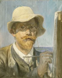 Et selvportrett av kunstneren, hode og skuldre ved staffeli,