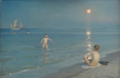 Gutter som bader på Skagen. Sommerkveld