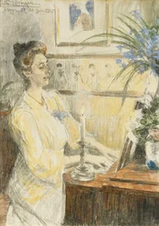 Portrett av Johanne Helene Louise Brodersen ved pianoet, 1907