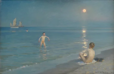 Gutter som bader på Skagen. Sommerkveld