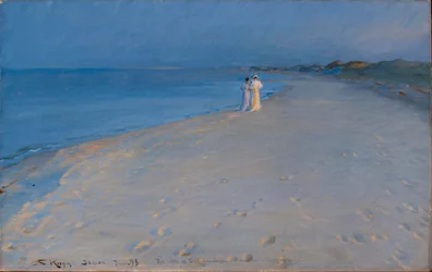 Dansk: Sommerkveld på Sydstranden, Skagen. Anna Ancher og Marie Sommerkveld på Sydstranden, Skagen. Anna Ancher og Marie Krøyer (studie)