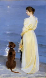 Sommerkveld ved Skagen. Kunstnerens hustru med hund ved strandkanten
