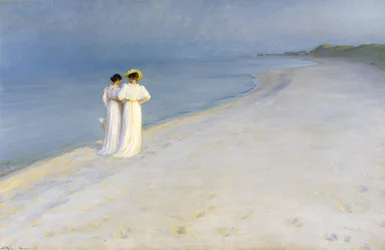 Sommerkveld på Skagen strand. Anna Ancher og Marie Krøyer går sammen