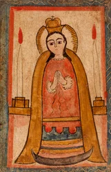 Madonna iført en rød kjole, ca. 1820 (vannbasert maling på trepanel)
