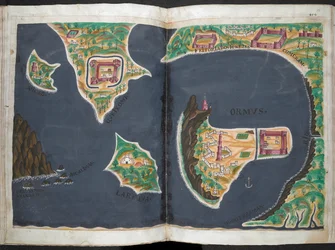 Plan over Hormuz, fra det portugisiske manuskriptet, boken om staten Øst-India av Pedro Barreto de Resende