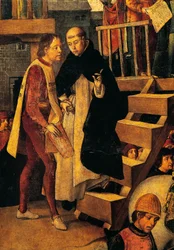 Dømt mann går til inkvisisjonsretten, detalj fra Autodafe ledet av San Domenico Guzman av Pedro Berruguete (cirka 1450-cirka 1504)