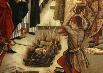 Detalj av "" Saint Dominique et les Albigeois"" (Le Miracle des Fanjeaux): helgenen gir Albigeois boken som tilbakeviser deres kjetteri og Albigeois prøver å brenne den, uten å lykkes. Detalj. Maleri av Pedro Berruguete (1450-1504). 1500-tallets søn.