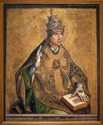 Portrett av pave Saint Gregoire (kjent som den store, Pontificate 540-604). Maleri av Pedro Berruguete (ca. 1450), olje og bladgull på tre, ca. 1495. National Art Museum of Catalonia, Barcelona (Spania).