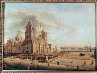 Utsikt over Metropolitankatedralen og Nasjonalpalasset, Mexico by, Mexico. Maleri av Pedro Gualdi (1809-1857), Mexico by, Det nasjonale historiske museum, Chapultepec slott