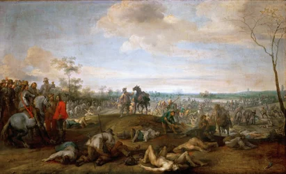 Kampscene, trettiårskrigen - Slagmark. Scene fra trettiårskrigen av Pieter Snayers (1592-1667), før 1659. Mål: 75 x 121 cm. Kunsthistorisches Museum, Wien