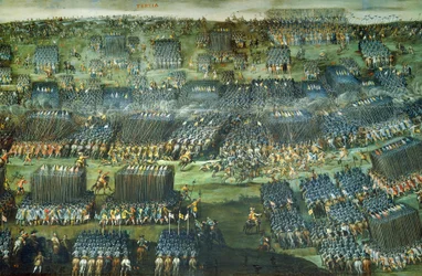 Slaget ved Det hvite fjellet nær Praha 7.-8. november 1620, bevart i Santa Maria della Vittoria, Roma. Detalj. Trettiårskrigen, Tsjekkia