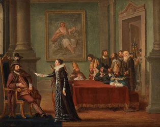 Christine Gyllenstierna (1494-1559) med brevet om sikker oppførsel, før kong Christian II av Danmark (1481-1559) - Christina Gyllenstierna med brevet om sikker oppførsel før Christian II av Hillestroem, Pehr (1732-1816). Olje på lerret, størrelse: 42