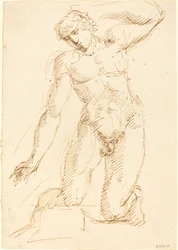 A Male Nude Kneeling   1226092   no       norwegian Successfully Translated  Original: Hond op een hermelijnen mantel op een troon Geordie sits in Charlies chair (title on object) Translat: Hond op een hermelijnen mantel op een troon Geordie sits in Charli