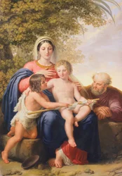 Den hellige familie med døperen Johannes (olje på lerret)